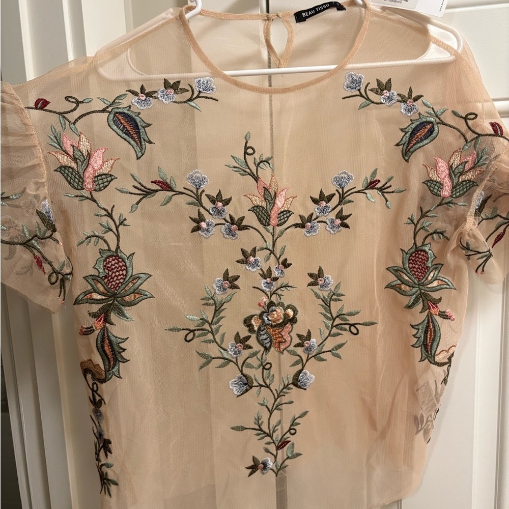 Floral Mesh Embroidered Sheer Top - Nude